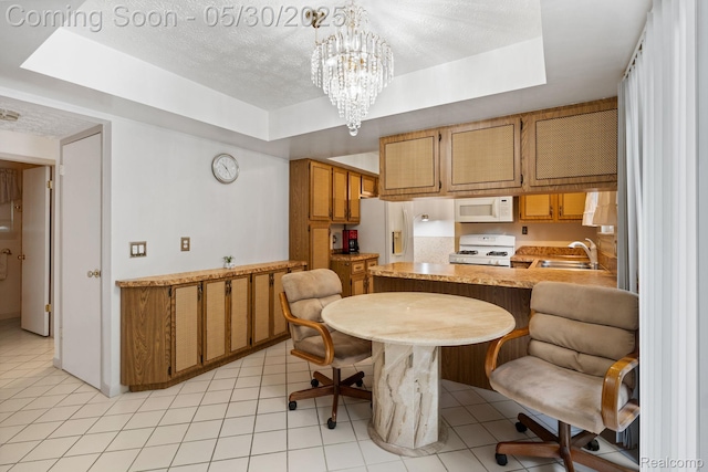 9495 Continental Dr, Taylor, MI 48180 - dining area featuring a tray ceiling, a textured ceiling, a chandelier, and light tile patterned floors