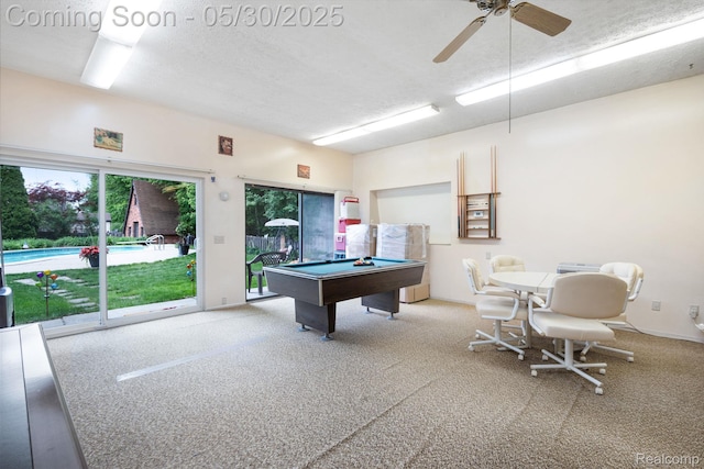 9495 Continental Dr, Taylor, MI 48180 - rec room featuring carpet, billiards table, a ceiling fan, and a textured ceiling