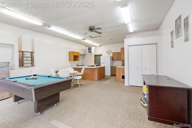9495 Continental Dr, Taylor, MI 48180 - rec room featuring light carpet, pool table, ceiling fan, and a textured ceiling