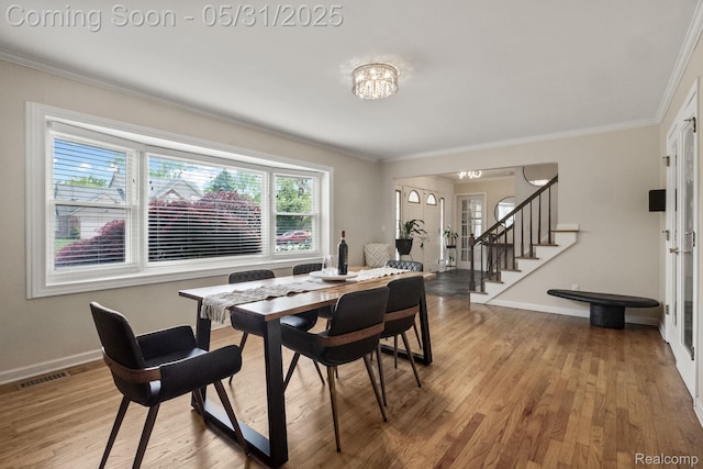 1916 Squirrel Valley Dr, Bloomfield Hills, MI 48304 - dining space featuring ornamental molding, wood finished floors, stairway, and baseboards