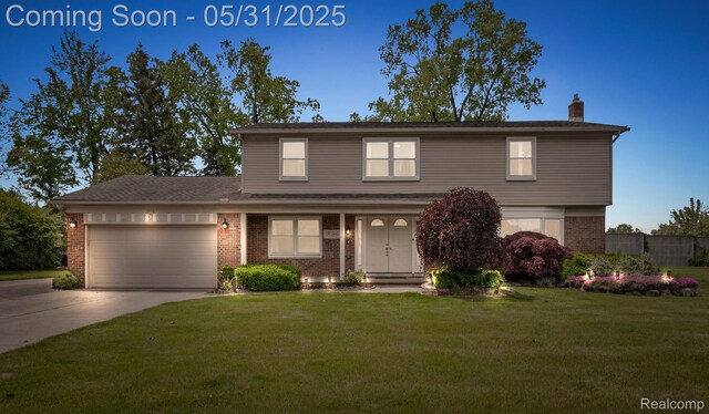 1916 Squirrel Valley Dr, Bloomfield Hills, MI 48304 - traditional-style house with brick siding, a chimney, driveway, a garage, and a front lawn