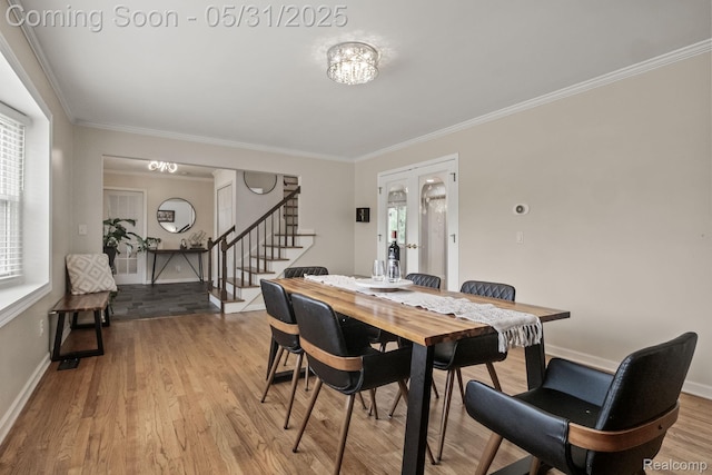 1916 Squirrel Valley Dr, Bloomfield Hills, MI 48304 - dining room featuring stairs, ornamental molding, wood finished floors, and baseboards
