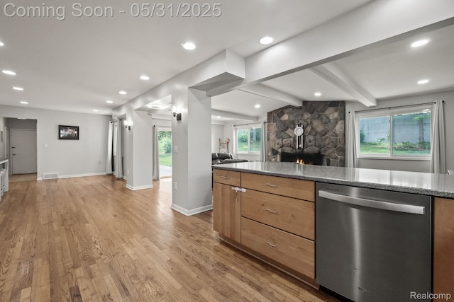 1916 Squirrel Valley Dr, Bloomfield Hills, MI 48304 - kitchen with dishwasher, open floor plan, light wood-style flooring, a stone fireplace, and recessed lighting