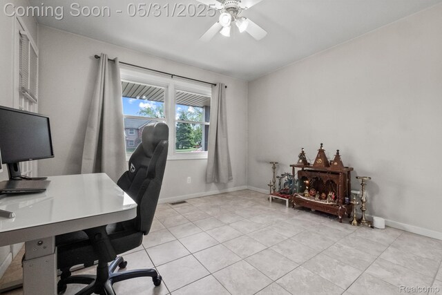 1916 Squirrel Valley Dr, Bloomfield Hills, MI 48304 - home office featuring light tile patterned flooring, ceiling fan, and baseboards