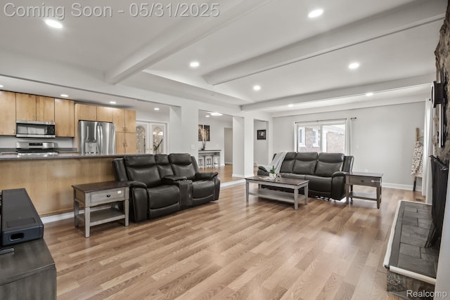 1916 Squirrel Valley Dr, Bloomfield Hills, MI 48304 - living room featuring light wood finished floors, beamed ceiling, recessed lighting, and baseboards