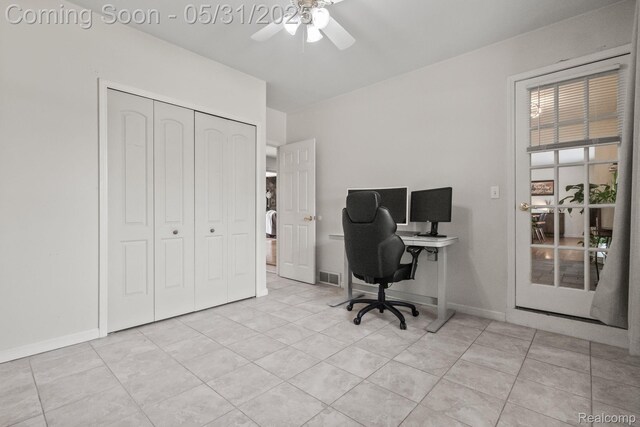 1916 Squirrel Valley Dr, Bloomfield Hills, MI 48304 - home office with a ceiling fan, light tile patterned floors, and baseboards
