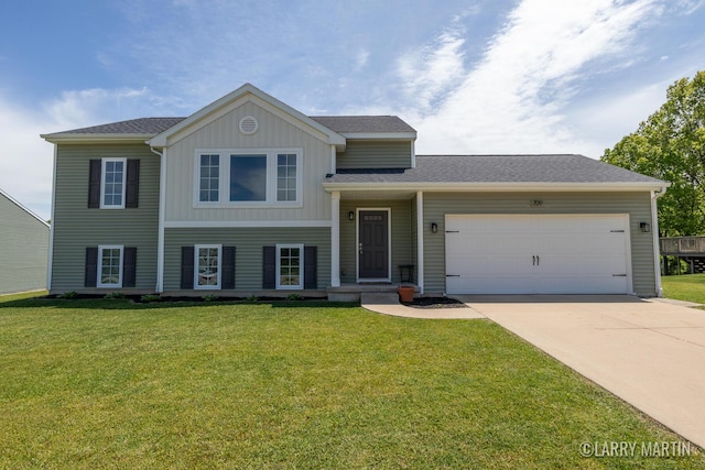 709 Wild Flower Dr, Wayland, MI 49348 - split level home featuring board and batten siding, an attached garage, driveway, and a front yard