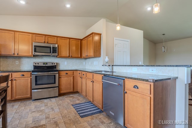 709 Wild Flower Dr, Wayland, MI 49348 - kitchen with stainless steel appliances, a sink, a peninsula, vaulted ceiling, and backsplash