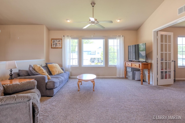 709 Wild Flower Dr, Wayland, MI 49348 - living area featuring healthy amount of natural light, a ceiling fan, carpet, and baseboards