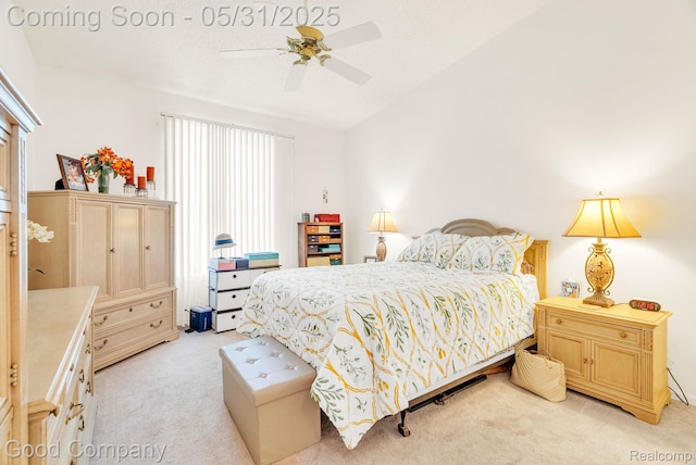 48757 Tilford Ct, Shelby Twp, MI 48315 - bedroom featuring light carpet, vaulted ceiling, and a ceiling fan
