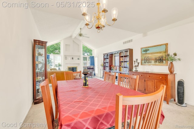 48757 Tilford Ct, Shelby Twp, MI 48315 - dining area featuring light carpet, a ceiling fan, vaulted ceiling, a glass covered fireplace, and baseboards