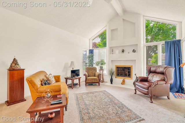 48757 Tilford Ct, Shelby Twp, MI 48315 - living area with high vaulted ceiling, carpet, beam ceiling, and a tile fireplace