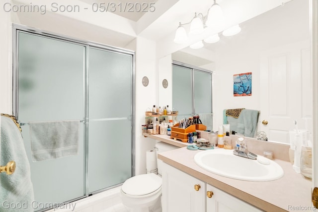 48757 Tilford Ct, Shelby Twp, MI 48315 - bathroom featuring vanity, a stall shower, and toilet