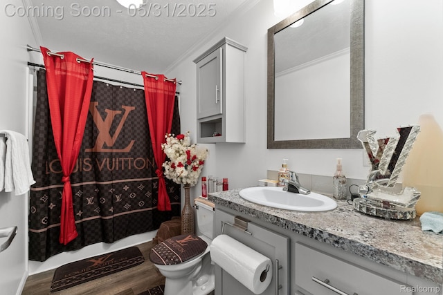 8551 Boyer Dr, Willis, MI 48191 - bathroom with ornamental molding, vanity, toilet, curtained shower, and wood finished floors