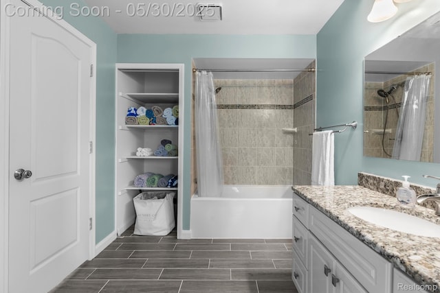 50820 Marsha Ln, New Baltimore, MI 48047 - full bathroom featuring vanity, shower / bath combo with shower curtain, and wood tiled floors