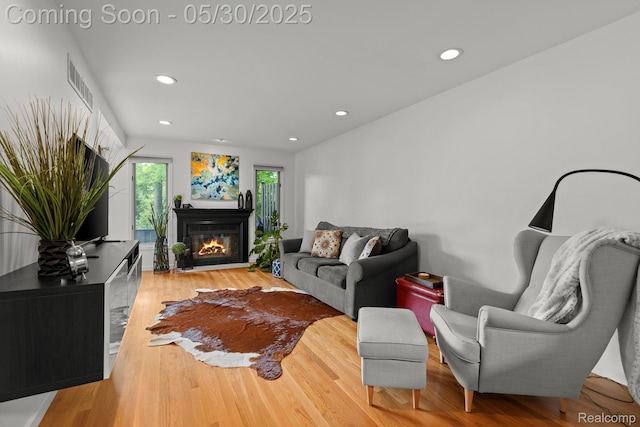 50820 Marsha Ln, New Baltimore, MI 48047 - living area with a glass covered fireplace, wood finished floors, and recessed lighting