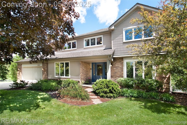 44500 Louvert Ct, Novi, MI 48375 - traditional-style house with a front lawn, a garage, brick siding, and concrete driveway