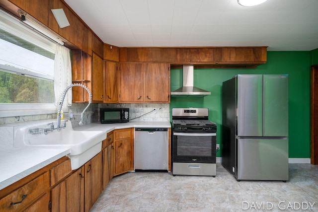 9081 E Baker Rd, Hesperia, MI 49421 - kitchen with appliances with stainless steel finishes, wall chimney range hood, a sink, light countertops, and brown cabinets