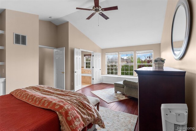 6241 Sapphire Ct, Grand Blanc, MI 48439 - bedroom featuring hardwood / wood-style floors, connected bathroom, high vaulted ceiling, and a ceiling fan