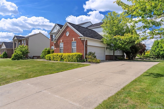 6241 Sapphire Ct, Grand Blanc, MI 48439 - view of front of house with brick siding, a front yard, concrete driveway, a garage, and a shingled roof