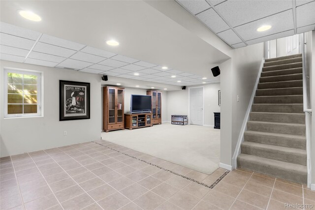 6241 Sapphire Ct, Grand Blanc, MI 48439 - below grade area featuring stairway, carpet floors, tile patterned flooring, a drop ceiling, and recessed lighting