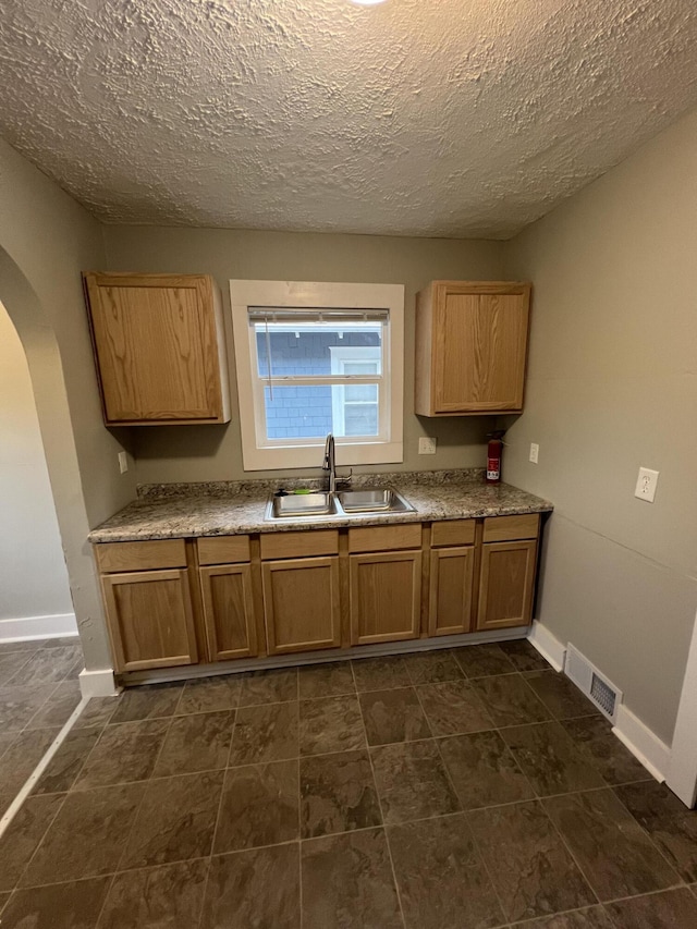 1008 S Holmes St, Lansing, MI 48912 - kitchen with a sink, arched walkways, brown cabinetry, a textured ceiling, and baseboards