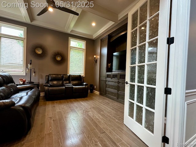 52006 Finch Ct, Shelby Twp, MI 48315 - living room with ceiling fan, baseboards, coffered ceiling, beamed ceiling, and wood finished floors