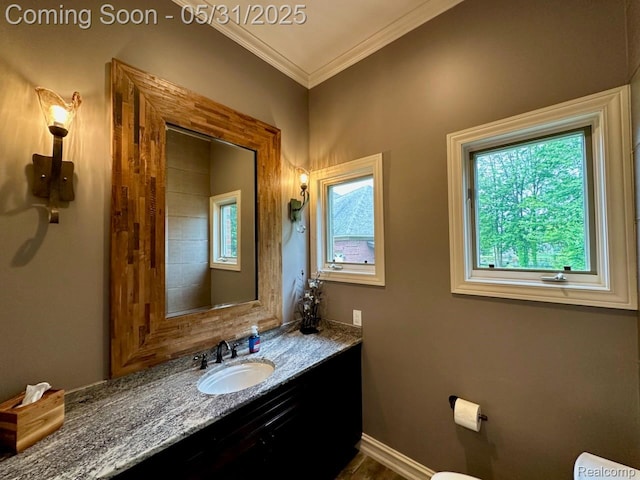 52006 Finch Ct, Shelby Twp, MI 48315 - bathroom featuring crown molding, vanity, toilet, and baseboards