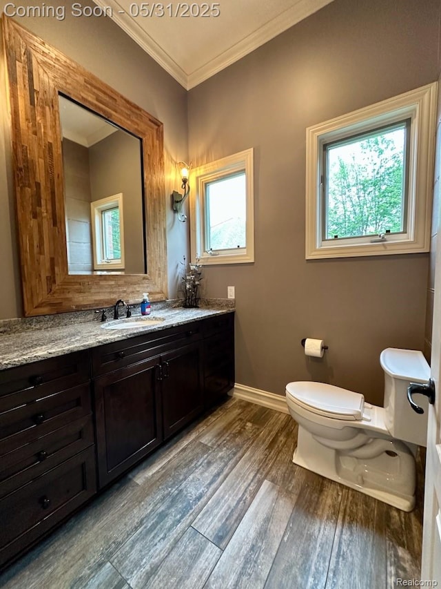 52006 Finch Ct, Shelby Twp, MI 48315 - bathroom featuring crown molding, wood finished floors, toilet, vanity, and baseboards