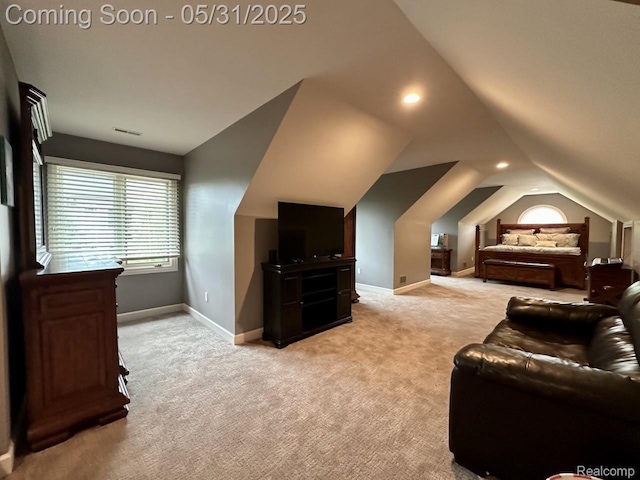 52006 Finch Ct, Shelby Twp, MI 48315 - bedroom featuring light carpet, lofted ceiling, and baseboards