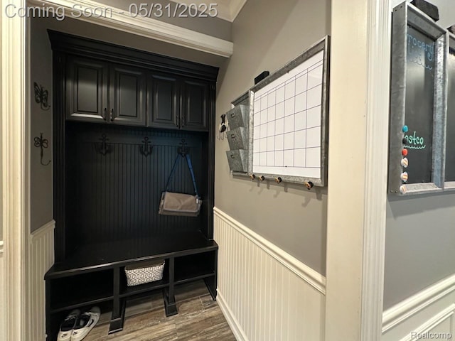 52006 Finch Ct, Shelby Twp, MI 48315 - mudroom with a wainscoted wall, wood finished floors, and a decorative wall