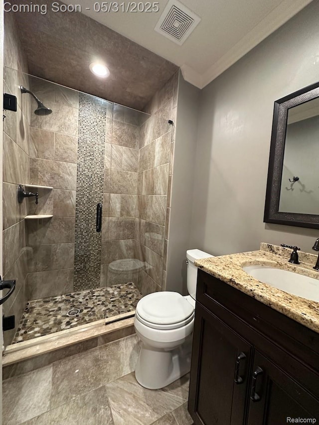52006 Finch Ct, Shelby Twp, MI 48315 - bathroom with toilet, vanity, a shower stall, crown molding, and recessed lighting