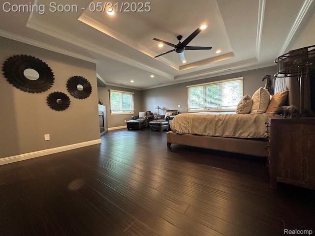 52006 Finch Ct, Shelby Twp, MI 48315 - bedroom featuring a raised ceiling, ornamental molding, dark wood finished floors, baseboards, and recessed lighting