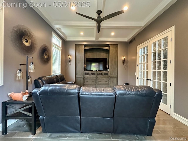 52006 Finch Ct, Shelby Twp, MI 48315 - living room with a ceiling fan, ornamental molding, baseboards, beam ceiling, and coffered ceiling