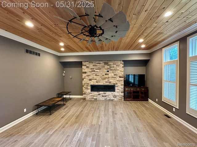 52006 Finch Ct, Shelby Twp, MI 48315 - unfurnished living room featuring ornamental molding, wooden ceiling, ceiling fan, wood finished floors, and recessed lighting