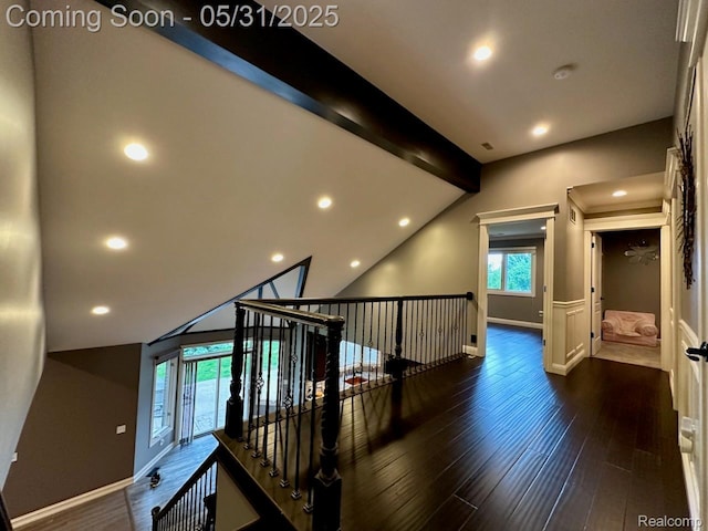 52006 Finch Ct, Shelby Twp, MI 48315 - corridor featuring dark wood-style floors, recessed lighting, baseboards, and an upstairs landing