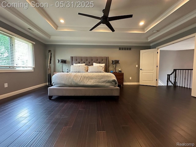 52006 Finch Ct, Shelby Twp, MI 48315 - bedroom with a tray ceiling, wood finished floors, crown molding, baseboards, and recessed lighting