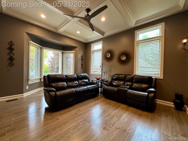 52006 Finch Ct, Shelby Twp, MI 48315 - living room featuring a ceiling fan, baseboards, crown molding, wood finished floors, and coffered ceiling