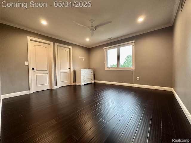 52006 Finch Ct, Shelby Twp, MI 48315 - empty room featuring crown molding, ceiling fan, baseboards, dark wood finished floors, and recessed lighting