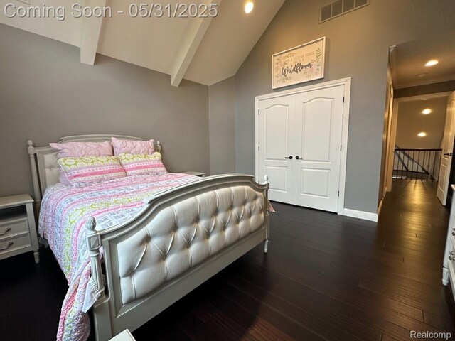 52006 Finch Ct, Shelby Twp, MI 48315 - bedroom featuring dark wood-style floors, high vaulted ceiling, recessed lighting, baseboards, and beamed ceiling