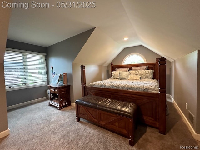 52006 Finch Ct, Shelby Twp, MI 48315 - bedroom with light colored carpet, lofted ceiling, and baseboards