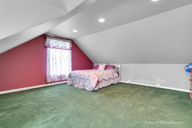 5777 N Broadway, Freeport, MI 49325 - carpeted bedroom with baseboard heating, lofted ceiling, baseboards, and recessed lighting