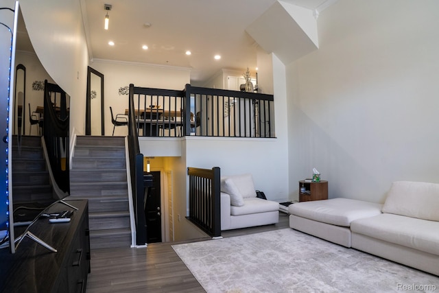 4241 Schaefer Rd, Dearborn, MI 48126 - living area with wood finished floors, recessed lighting, a chandelier, ornamental molding, and stairway