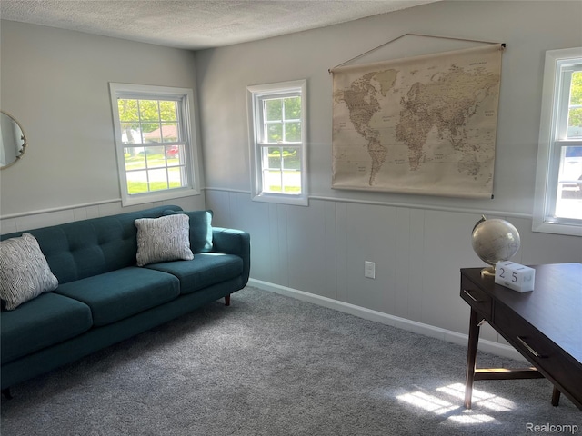 1932 Henbert Rd, West Bloomfield, MI 48324 - carpeted living room with a wainscoted wall and a textured ceiling