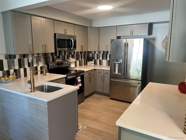 1932 Henbert Rd, West Bloomfield, MI 48324 - kitchen featuring stainless steel appliances, gray cabinetry, a sink, and tasteful backsplash