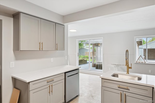 1932 Henbert Rd, West Bloomfield, MI 48324 - kitchen featuring gray cabinetry, dishwasher, a sink, and light countertops