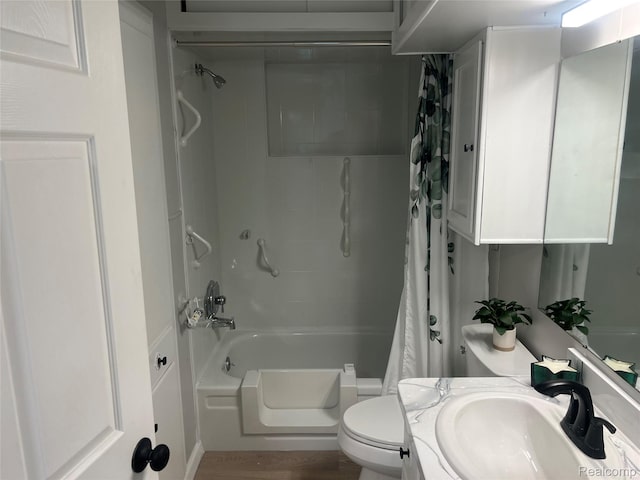 1932 Henbert Rd, West Bloomfield, MI 48324 - bathroom with shower / bath combination with curtain, toilet, vanity, and wood finished floors