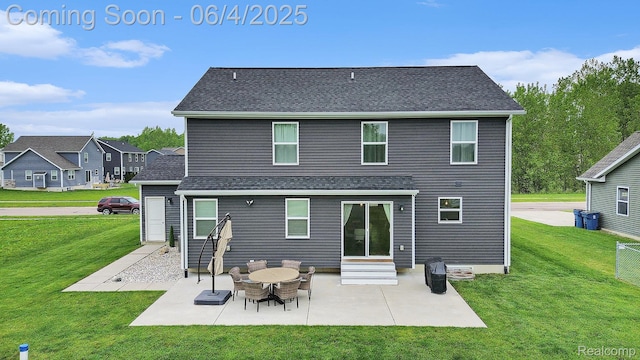 13210 River Bend Dr, Linden, MI 48451 - rear view of house featuring entry steps, a yard, a patio, and roof with shingles