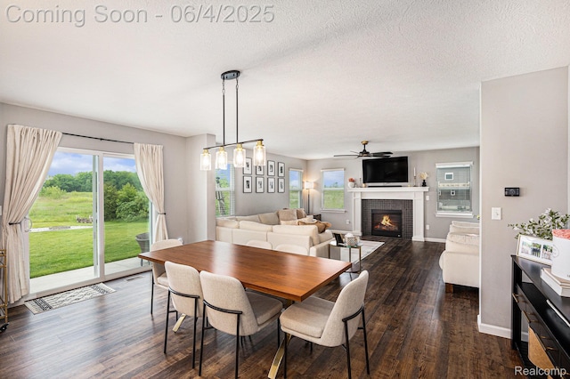13210 River Bend Dr, Linden, MI 48451 - dining room with dark wood-type flooring, a fireplace, a ceiling fan, and baseboards