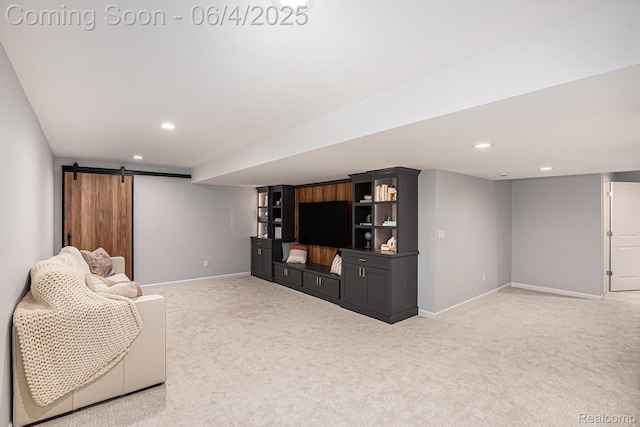 13210 River Bend Dr, Linden, MI 48451 - living room with light carpet, baseboards, a barn door, and recessed lighting